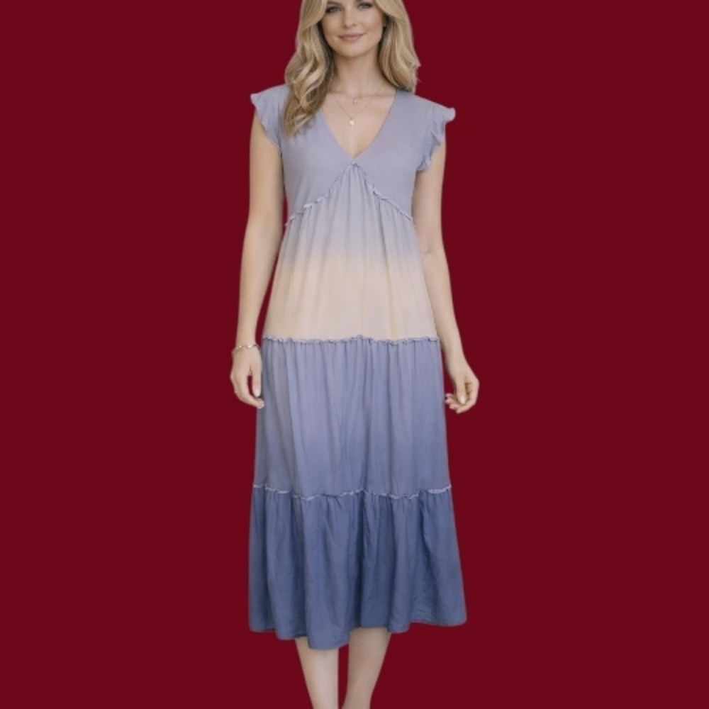 SPEECHLESS Blue Ombre Colorblock Ruffle Tiered Midi Peasant Festival Dress